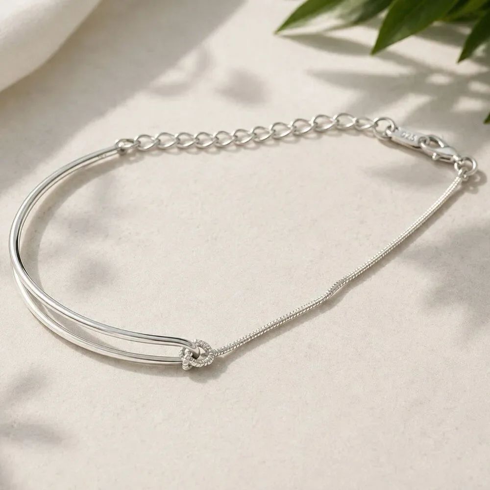 Sterling Silver Minimalist Knot Bracelet 925 Snake & Cable Chain